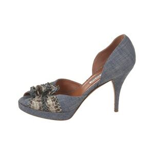 Oscar de la Renta Blue Denim D'Orsay Peep-Toe Heel with Ruffle Bow